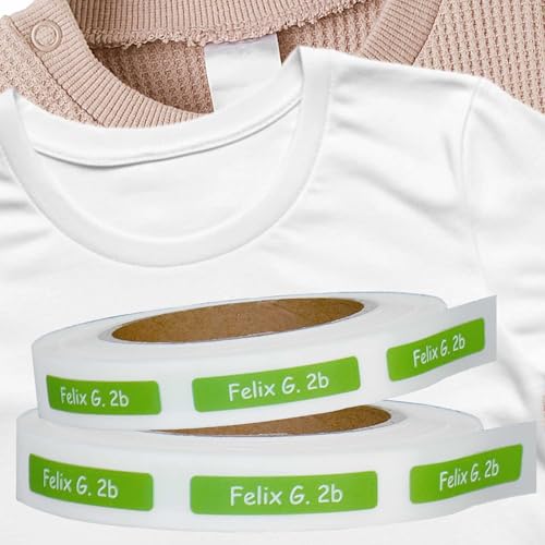 Kiwistar - 100 Namensschilder für Kleidung Rolle 8x1 cm - gruen - Namensaufkleber Kinder Schule zum aufbügeln mit Bügeleisen - Wäscheetiketten zum aufbügeln - Wunschtext waschmaschinenfest von Kiwistar