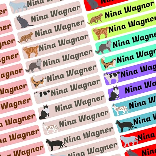 Namensaufkleber Set - Kinder - Katzen - ab 54 Stück - 38x7 mm - mit Wunschtext - Name - personalisiert - Namensetiketten - für Jugendliche - Firma - Universität - Schule - Kinder - KITA von Kiwistar