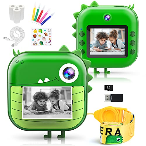 Kizeefun Dinosaurier Sofortbildkamera Kinder, Kamera Kinder 1080P-HD, 2,4-Zoll-Display, Schwarzweiß-Fotografie, 32GB Speicherkarte, 3 Rollen Druckpapier, 5 Farb-Pinselstiften, Ostern Geschenk Kinder von Kizeefun