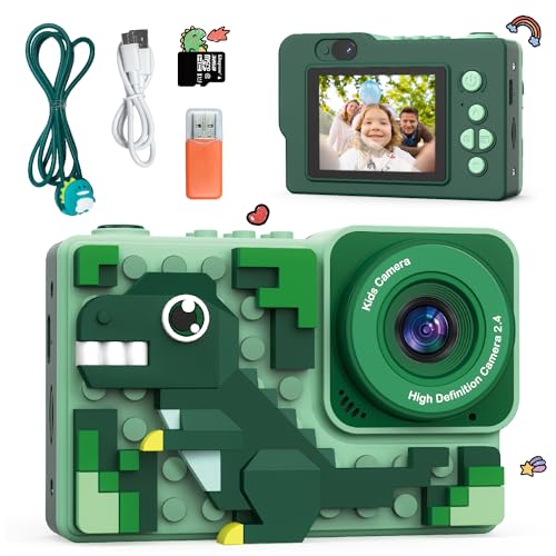 Kiztoys Kinder Kamera, 2,4 Zoll Digitalkamera Kinder, 1080P-HD Fotokamera Kinder, Dinosaurier Baubares DIY Selfie Kinderkamera, mit 32GB Speicherkarte, Geschenk für 6+ Jahre Jungen Mädchen von Kiztoys
