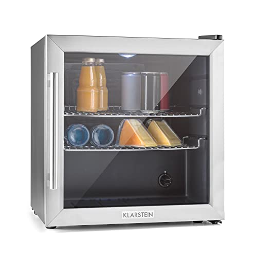 Klarstein Getränkekühlschrank, Kühlschrank Klein mit 2 Ablagen, Minikühlschrank Lautlos für Büro Camping Outdoor mit Glastür, Mini Fridge 3-10°C, Bierkühlschrank 47L, Silber/Schwarz von Klarstein