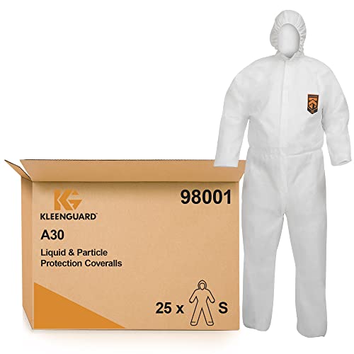 KleenGuard A30 flüssigkeitsdichter und partikeldichter Schutzanzug 98001 – weiß, S, 1x25 (insgesamt 25 Stück) von KleenGuard