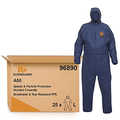 KleenGuard A50 Schutzanzug mit Kapuze zum Schutz gegen Tröpfchen und Partikel, Atmungsaktive und reißfeste PSA, SMS-Material, 25er-Pack, Größe: L, Farbe: Blau, Artikel Nr. 09689005 von KleenGuard