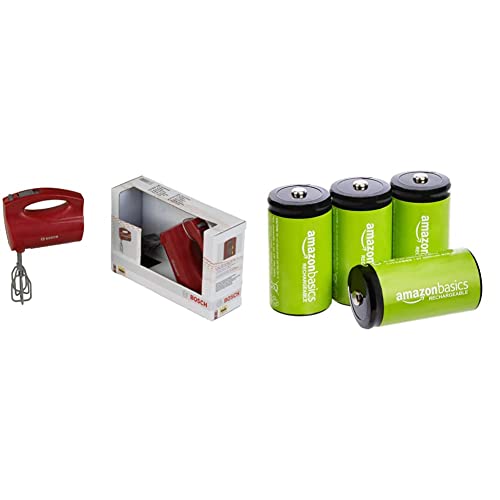 Theo Klein 9574 Bosch Handmixer | Batteriebetriebene Mixer mit sich drehenden Quirls | Spielzeug für Kinder ab 3 Jahren & Amazon Basics - Babyzellen (C) Akkumulatoren 1.2 V (5000 mAh Ni-MH), 4er-Pack von Theo Klein