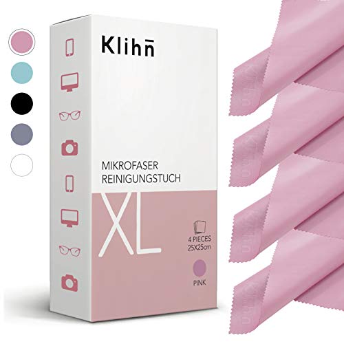 Klihn - Mikrofaser Brillenputztücher XL (4er Pack / 25cm x 25cm) in Optikerqualität auch für Displays und Objektive (Große Mikrofasertücher aus feiner Spezialfaser, waschbar) (XL-Pink) von Klihn