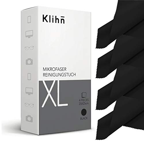 Klihn - Mikrofaser Brillenputztücher XL (4er Pack / 25cm x 25cm) in Optikerqualität auch für Displays und Objektive (Große Mikrofasertücher aus feiner Spezialfaser, waschbar) (XL-Schwarz) von Klihn