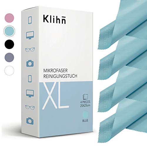 Klihn - Mikrofaser Brillenputztücher XL (4er Pack / 25cm x 25cm) in Profiqualität auch für Displays und Objektive (Große Mikrofasertücher aus feiner Spezialfaser, waschbar) (XL-Blau) von Klihn