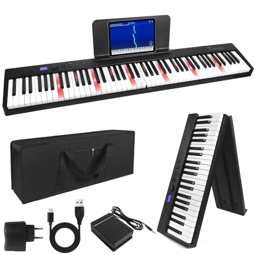 Kmise Klapppiano, Electric Keyboard 88 Tasten Halbgewichtete Digital Keyboard Klavier Bluetooth Faltbare Tastatur mit MIDI Sustain Pedal, Notenblatt Halter, Tragetasche von Kmise