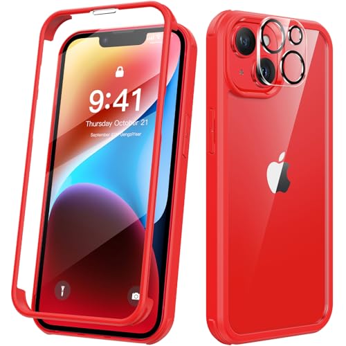 Kmofizle 360 Grad für iPhone 14 Hülle mit Eingebaut Glas Schutzfolie und Kameraschutz, Stoßfest Stoßfänger Fullbody Handyhülle für iPhone 14 (6.1 Zoll) - Rot von Kmofizle