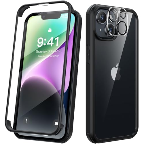 Kmofizle 360 Grad für iPhone 14 Hülle mit Eingebaut Glas Schutzfolie und Kameraschutz, Stoßfest Stoßfänger Fullbody Handyhülle für iPhone 14 (6.1 Zoll) - Schwarz von Kmofizle