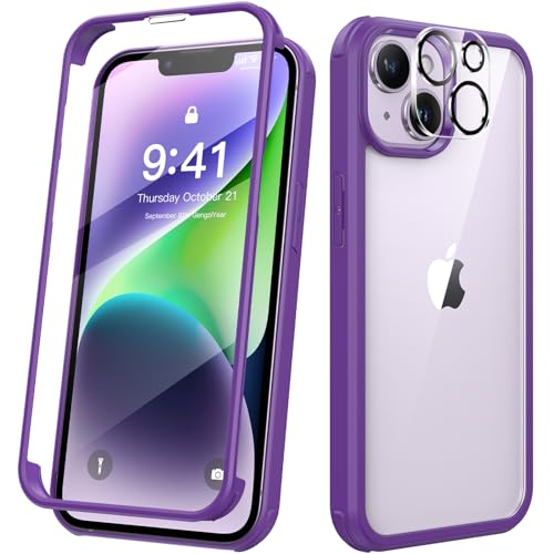 Kmofizle 360 Grad für iPhone 14 Hülle mit Eingebaut Glas Schutzfolie und Kameraschutz, Stoßfest Stoßfänger Fullbody Handyhülle für iPhone 14 (6.1 Zoll) - violett von Kmofizle