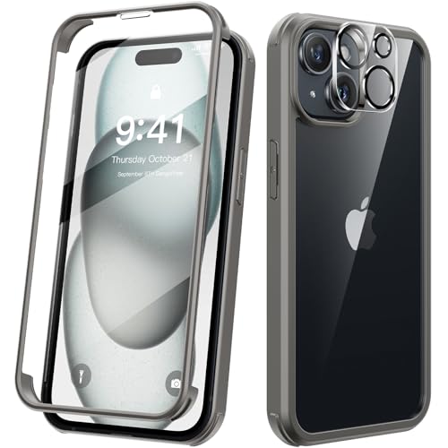 Kmofizle 360 Grad für iPhone 15 Hülle mit Eingebaut Glas Schutzfolie und Kameraschutz, Stoßfest Stoßfänger Fullbody Handyhülle für iPhone 15 (6.1 Zoll) - Gray von Kmofizle