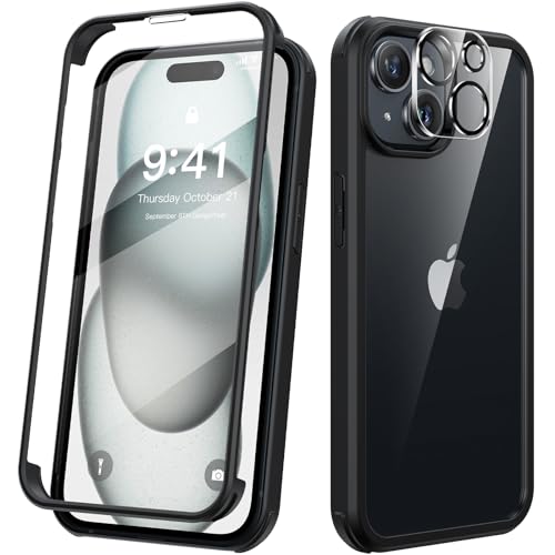 Kmofizle 360 Grad für iPhone 15 Hülle mit Eingebaut Glas Schutzfolie und Kameraschutz, Stoßfest Stoßfänger Fullbody Handyhülle für iPhone 15 (6.1 Zoll) - Schwarz von Kmofizle