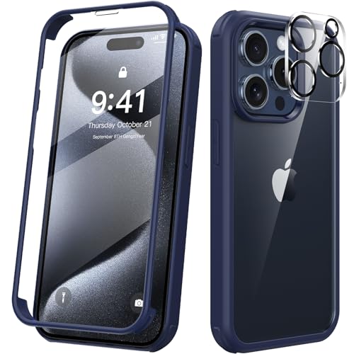 Kmofizle 360 Grad für iPhone 15 Pro Hülle mit Eingebaut Glas Schutzfolie und Kameraschutz, Stoßfest Stoßfänger Fullbody Handyhülle für iPhone 15 Pro (6.1 Zoll) - Blue von Kmofizle