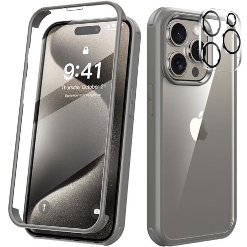Kmofizle 360 Grad für iPhone 15 Pro Hülle mit Eingebaut Glas Schutzfolie und Kameraschutz, Stoßfest Stoßfänger Fullbody Handyhülle für iPhone 15 Pro (6.1 Zoll) - Gray von Kmofizle