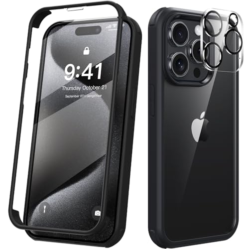 Kmofizle 360 Grad für iPhone 15 Pro Hülle mit Eingebaut Glas Schutzfolie und Kameraschutz, Stoßfest Stoßfänger Fullbody Handyhülle für iPhone 15 Pro (6.1 Zoll) - Schwarz von Kmofizle