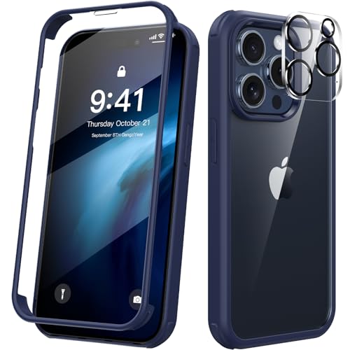 Kmofizle 360 Grad für iPhone 15 Pro Max Hülle mit Eingebaut Glas Schutzfolie und Kameraschutz, Stoßfest Stoßfänger Fullbody Handyhülle für iPhone 15 Pro Max (6.7 Zoll) - Blue von Kmofizle