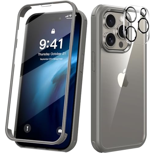 Kmofizle 360 Grad für iPhone 15 Pro Max Hülle mit Eingebaut Glas Schutzfolie und Kameraschutz, Stoßfest Stoßfänger Fullbody Handyhülle für iPhone 15 Pro Max (6.7 Zoll) - Gray von Kmofizle