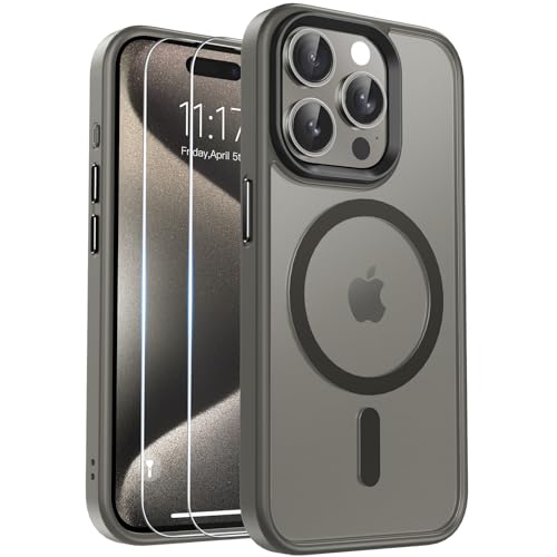 Kmofizle Handyhülle für iPhone 15 Pro Max Hülle Kompatibel mit Magnet [Stärkste Saugkraft] mit Schutzfolie, [Transluzente Matte Schutzhülle] Stoßfeste Kratzfeste Mattierte Hülle 15 Pro Max, Grau von Kmofizle