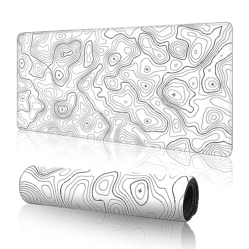 Großes Gaming-Mauspad mit topographischem Muster, XL-Mauspad, Schreibtischunterlage, 80 x 30 cm, minimalistische Mauspads, erweitertes Tastatur-Pad, mit rutschfester Unterseite und genähtem Rand, Weiß von Kmtpeds