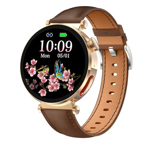 Knauermann NEO 2 (2025) - Gold Rund - Gesundheitsuhr Smartwatch - EKG + HRV Funktion - BT Bluetooth - Schlafapnoe - Blutdruck - Rindsleder Armband Braun von Knauermann
