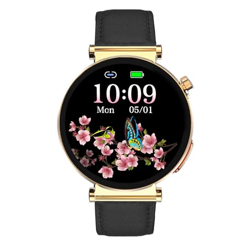 Knauermann NEO 2 (2025) - Gold Rund - Gesundheitsuhr Smartwatch - EKG - HRV Funktion - BT Bluetooth - Schlafapnoe - Blutdruck - Rindsleder Armband Schwarz von Knauermann