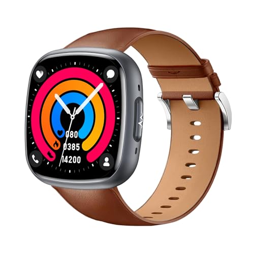 Knauermann NEO 2 (2025) - Schwarz Eckig - Gesundheitsuhr Smartwatch - EKG - HRV Funktion - BT Bluetooth - Schlafapnoe - Blutdruck - Rindsleder Armband Braun von Knauermann