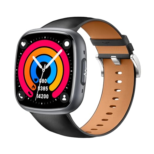 Knauermann NEO 2 (2025) - Schwarz Eckig - Gesundheitsuhr Smartwatch - EKG - HRV Funktion - BT Bluetooth - Schlafapnoe - Blutdruck - Rindsleder Armband Schwarz von Knauermann