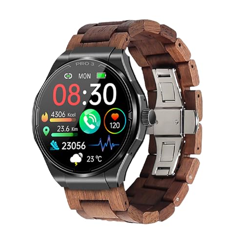 Knauermann PRO 3 (2024) Schwarz - Gesundheitsuhr Smartwatch mit Telefoniefunktion - EKG + HRV und SOS Funktion - AMOLED Display- BT Bluetooth - Schlafapnoe - Echtholzband Dunkelbraun, 14-24, rund von Knauermann