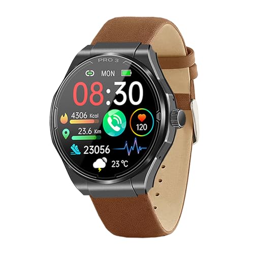 Knauermann PRO 3 (2024) Schwarz - Gesundheitsuhr Smartwatch mit Telefoniefunktion - EKG + HRV und SOS Funktion - AMOLED Display- BT Bluetooth - Schlafapnoe - Echtlederband Braun, 14-24, rund von Knauermann