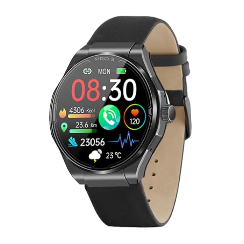 Knauermann PRO 3 (2024) Schwarz - Gesundheitsuhr Smartwatch mit Telefoniefunktion - EKG + HRV und SOS Funktion - AMOLED Display- BT Bluetooth - Schlafapnoe - Echtlederband Schwarz, 14-24, rund von Knauermann