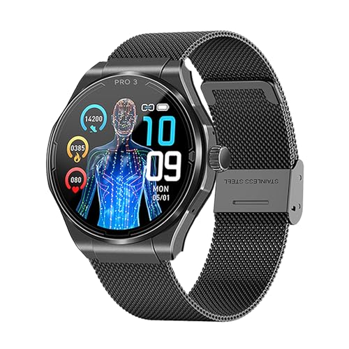 Knauermann PRO 3 (2024) Schwarz - Gesundheitsuhr Smartwatch mit Telefoniefunktion - EKG + HRV und SOS Funktion - AMOLED Display- BT Bluetooth - Schlafapnoe - Milanaiseband Schwarz, 14-24,rund von Knauermann