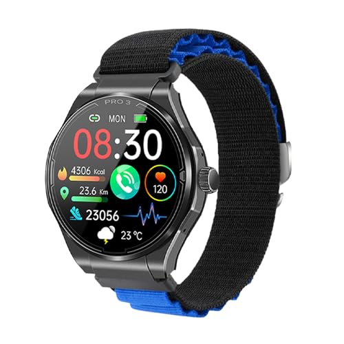 Knauermann PRO 3 (2024) Schwarz - Gesundheitsuhr Smartwatch mit Telefoniefunktion - EKG + HRV und SOS Funktion - AMOLED Display- BT Bluetooth - Schlafapnoe - Textilband Schwarz/Blau, 14-24, rund von Knauermann