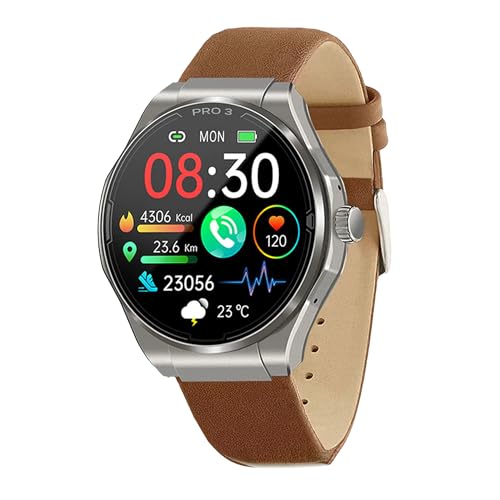 Knauermann PRO 3 (2024) Silber - Gesundheitsuhr Smartwatch mit Telefoniefunktion - EKG + HRV und SOS Funktion - AMOLED Display- BT Bluetooth - Schlafapnoe - Echtlederband Braun, 14-24, rund von Knauermann
