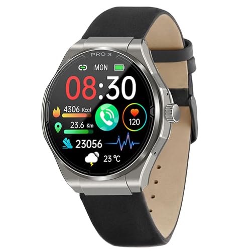 Knauermann PRO 3 (2024) Silber - Gesundheitsuhr Smartwatch mit Telefoniefunktion - EKG + HRV und SOS Funktion - AMOLED Display- BT Bluetooth - Schlafapnoe - Echtlederband Schwarz, 14-24, rund von Knauermann