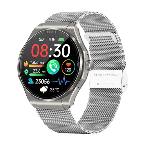 Knauermann PRO 3 (2024) Silber - Gesundheitsuhr Smartwatch mit Telefoniefunktion - EKG + HRV und SOS Funktion - AMOLED Display- BT Bluetooth - Schlafapnoe - Milanaiseband Schwarz, 14-24,rund von Knauermann