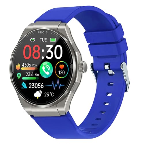 Knauermann PRO 3 (2024) Silber - Gesundheitsuhr Smartwatch mit Telefoniefunktion - EKG + HRV und SOS Funktion - AMOLED Display- BT Bluetooth - Schlafapnoe - Silikonband Blau, 14-24, rund von Knauermann