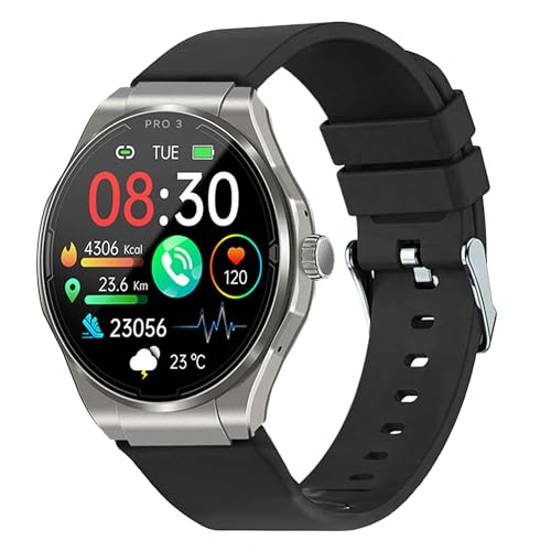 Knauermann PRO 3 (2024) Silber - Gesundheitsuhr Smartwatch mit Telefoniefunktion - EKG + HRV und SOS Funktion - AMOLED Display- BT Bluetooth - Schlafapnoe - Silikonband Schwarz, 14-24, rund von Knauermann