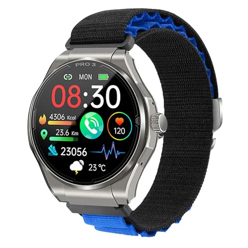 Knauermann PRO 3 (2024) Silber - Gesundheitsuhr Smartwatch mit Telefoniefunktion - EKG + HRV und SOS Funktion - AMOLED Display- BT Bluetooth - Schlafapnoe - Textilband Schwarz/Blau, 14-24, rund von Knauermann