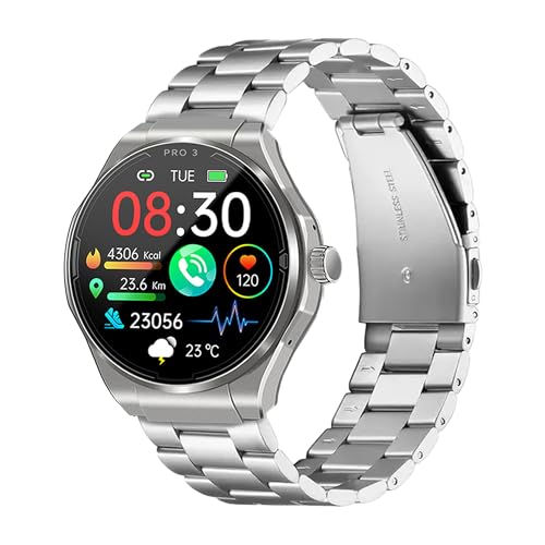 Knauermann PRO 3 (2024) Silber - Gesundheitsuhr Smartwatch mit Telefoniefunktion - EKG + HRV und SOS Funktion - AMOLED Display- BT Bluetooth - Schlafapnoe - Titanband Schwarz, 14-24, rund von Knauermann