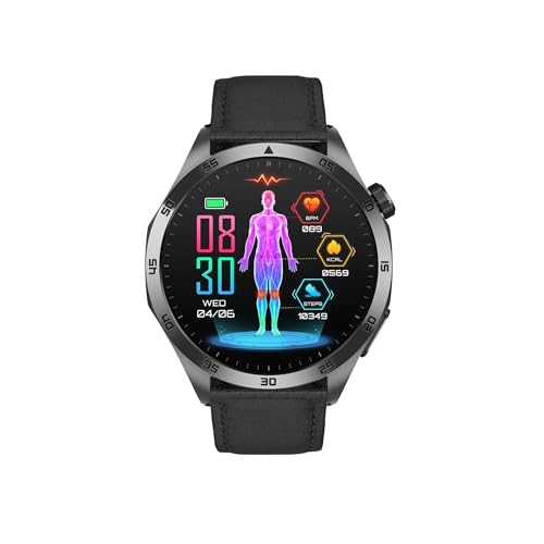 Knauermann PRO 3 Fan Edition rund (2025) Schwarz, Gesundheitsuhr Smartwatch mit Telefoniefunktion, EKG Plus HRV und SOS Funktion, BT Bluetooth, Schlafapnoe, Leder Schwarz, 14-24 von Knauermann