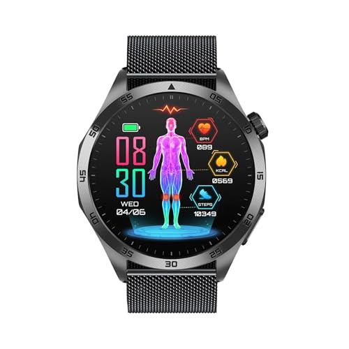 Knauermann PRO 3 Fan Edition rund (2025) Schwarz, Gesundheitsuhr Smartwatch mit Telefoniefunktion, EKG Plus HRV und SOS Funktion, BT Bluetooth, Schlafapnoe, Milanaise Schwarz, 14-24 von Knauermann