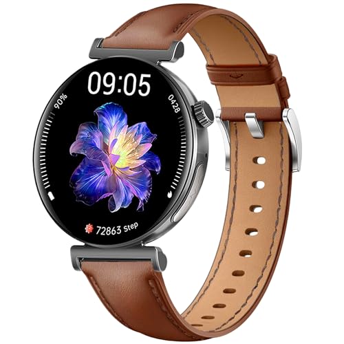 Knauermann PRO 3 Mini (2024) Schwarz - Gesundheitsuhr Smartwatch mit Telefoniefunktion - EKG + HRV und SOS Funktion - AMOLED Display - BT Bluetooth - Schlafapnoe - Rindslederband Braun, 14-24,rund von Knauermann