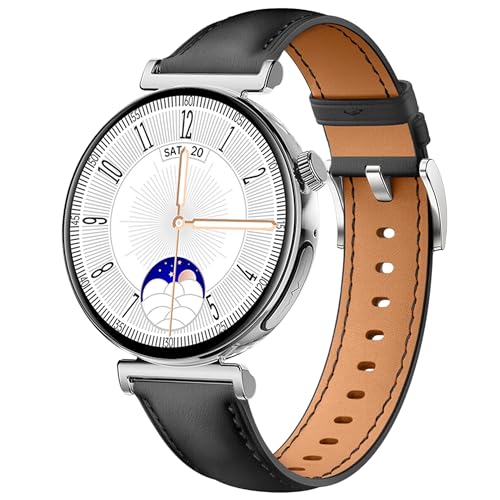 Knauermann PRO 3 Mini (2024) Silber - Gesundheitsuhr Smartwatch mit Telefoniefunktion - EKG + HRV und SOS Funktion - AMOLED Display - BT Bluetooth - Schlafapnoe - Rindslederband Schwarz, 14-24,rund von Knauermann