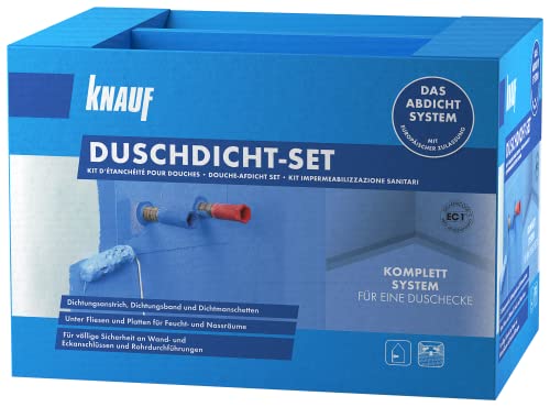 Knauf Duschdicht-Set, Praktisches Abdichtungs-System zur Duschkabine – Sanitär-Dichtung, Flexibel, Rissüberbrückend bis 2 mm, Silikon-Verträglich, für Boden- und Wand-Heizungen, blau, 1 set, 8009 von Knauf