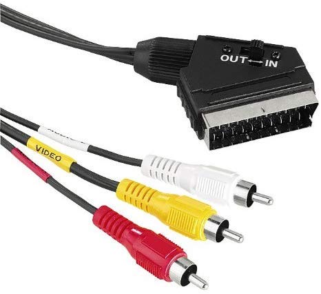 KnnX 28048 | Umschaltbares SCART-Kabel | Euroconector Stecker auf 3 x Phono Cinch Stecker | Länge: 1,00M | 1er-Pack | Dreifachstecker Rot, Weiß und Gelb von KnnX