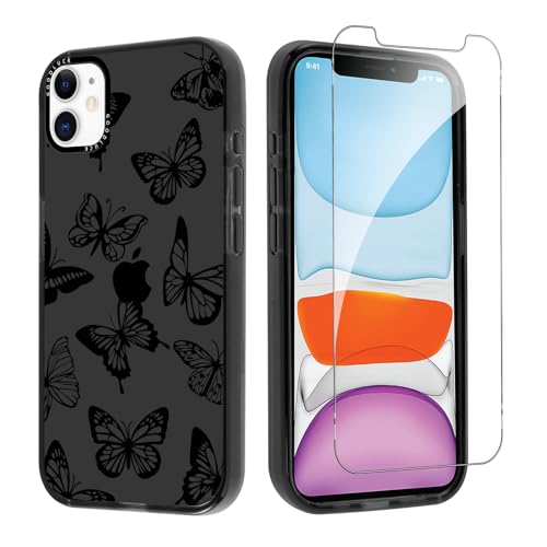 Hülle für iPhone 12 / iPhone 12 Pro 6,1" mit 1 Gehärtetem Glas Schutzfolie, Schmetterlinge Muster Transluzente Ästhetik Handyhülle für Mädchen Frauen, Silikon Anti-Gelb Schutzhülle, Schwarz 02 Hülle für iPhone 12 / iPhone 12 Pro 6,1" mit 1 Gehärtetem Glas Schutzfolie, Schmetterlinge Muster Transluzente Ästhetik Handyhülle für Mädchen Frauen, Silikon Anti-Gelb Schutzhülle, Schwarz 02 von Knrlqim