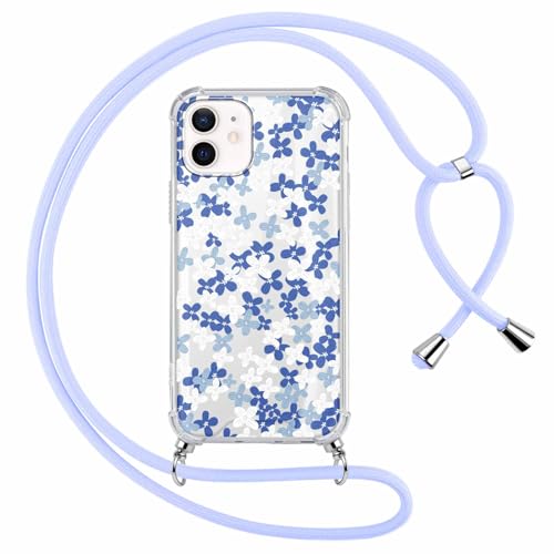 Hülle für iPhone 12 / iPhone 12 Pro 6,1" mit Band, Aesthetic Blumen Muster Design Handyhülle für Mädchen Frauen, Transparent Harter PC Slim Stoßfest Anti-Vergilbung Schutzhülle mit Kordel, Blau Hülle für iPhone 12 / iPhone 12 Pro 6,1" mit Band, Aesthetic Blumen Muster Design Handyhülle für Mädchen Frauen, Transparent Harter PC Slim Stoßfest Anti-Vergilbung Schutzhülle mit Kordel, Blau von Knrlqim