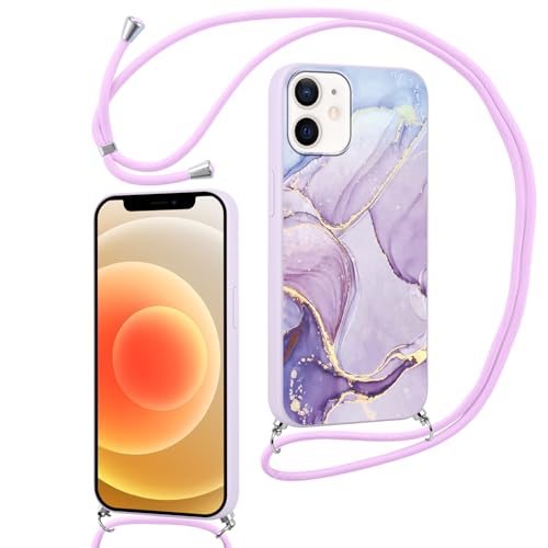 Hülle für iPhone 12 / iPhone 12 Pro 6.1" mit Band, Aesthetic Marmor Motiv Muster Design Handyhülle für Mädchen Frauen, Weich Silikon TPU Slim Stoßfest Anti-Vergilbung Schutzhülle mit Kordel, Lila Hülle für iPhone 12 / iPhone 12 Pro 6.1" mit Band, Aesthetic Marmor Motiv Muster Design Handyhülle für Mädchen Frauen, Weich Silikon TPU Slim Stoßfest Anti-Vergilbung Schutzhülle mit Kordel, Lila von Knrlqim