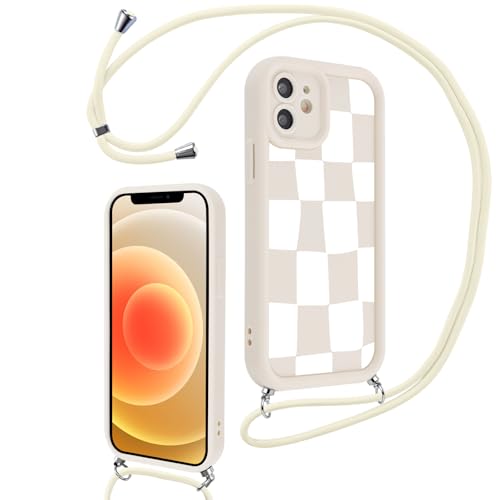 Hülle für iPhone 12 6.1" mit Band, Aesthetic Schachbrett Motiv Muster Design Handyhülle für Mädchen Frauen, Weich Silikon TPU Slim Stoßfest Anti-Vergilbung Schutzhülle mit Kordel, Beige 2 Hülle für iPhone 12 6.1" mit Band, Aesthetic Schachbrett Motiv Muster Design Handyhülle für Mädchen Frauen, Weich Silikon TPU Slim Stoßfest Anti-Vergilbung Schutzhülle mit Kordel, Beige 2 von Knrlqim